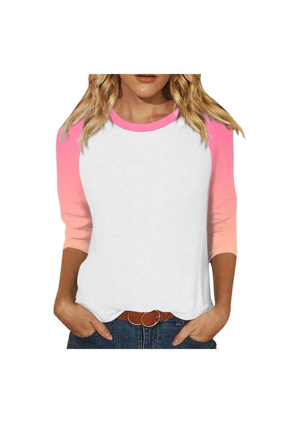 Women's T-Shirts Gradient 3/4 Raglan Sleeve Round Neck T Shirt Tops Casual Tee Shirts