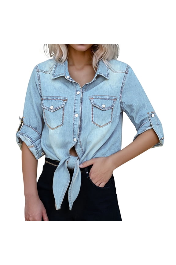 Women's T-Shirts Half Sleeve Basic Shirt Regular Solid Color Knotted Tie Front Denim Shirt With Cap Sleeves And Detachable Layering Cape Tee Tops Blue M