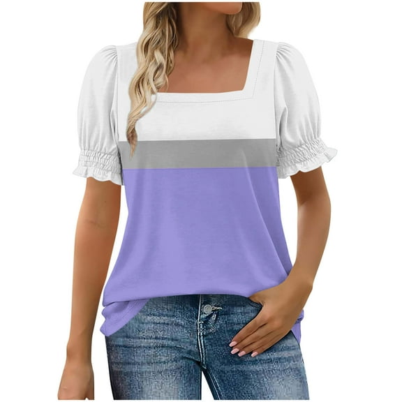 Women's T-Shirts Lace Short Sleeve Color Block Tops Summer Fashion Square Collar Tees,Purple,XXL