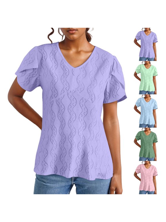 Women's T Shirts Ladies Spring Summer Solid V Neck Flutter Sleeve Loose Tee Green L