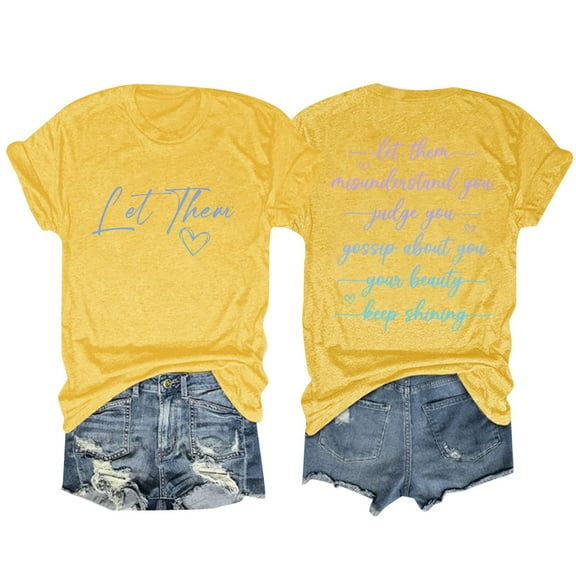 Women's T-Shirts - Let Them Letter Print Round Neck Short Sleeve T Shirt Top for Casual Wear and Everyday Comfort