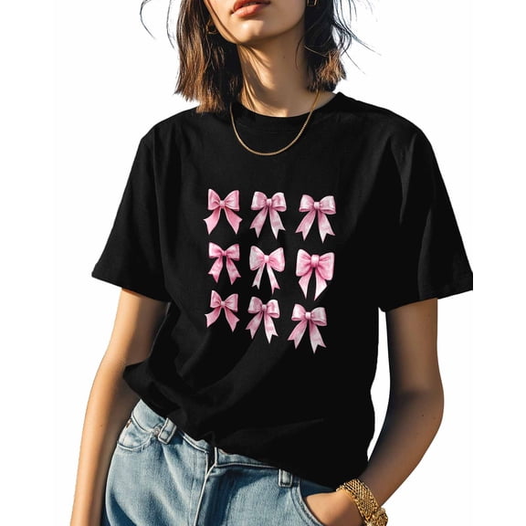 Women's T-Shirts, Light Pink Bows Cotton Crewneck Tee Short Sleeve Casual Tops Loose Graphic T-Shirt Black, L