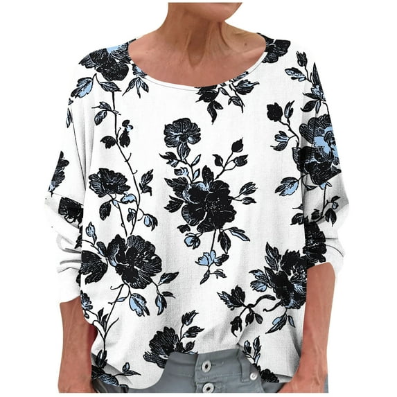 Women's T-Shirts Linen 3/4 Sleeve Crewneck Floral Printed Casual Dressy Loose Comfy Tunic Tops