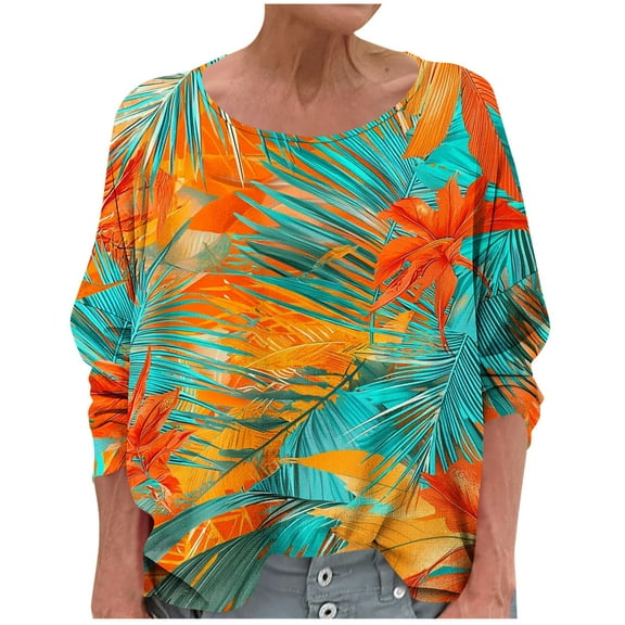 Women's T-Shirts Linen 3/4 Sleeve Crewneck Floral Printed Casual Dressy Loose Comfy Tunic Tops