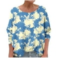 thumbnail image 1 of Women's T-Shirts Linen 3/4 Sleeve Crewneck Floral Printed Casual Dressy Loose Comfy Tunic Tops, 1 of 5