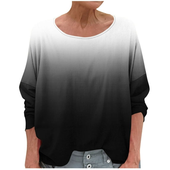 Women's T-Shirts Linen 3/4 Sleeve Crewneck Gradient Color Casual Dressy Loose Comfy Tunic Tops