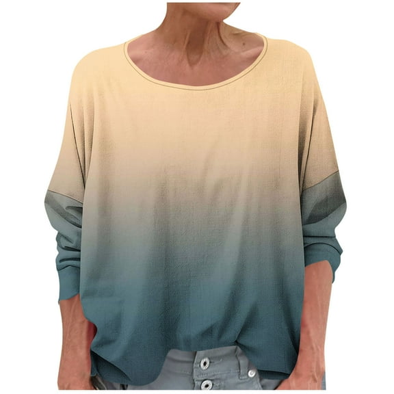 Women's T-Shirts Linen 3/4 Sleeve Crewneck Gradient Color Casual Dressy Loose Comfy Tunic Tops