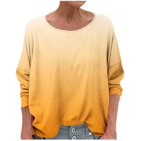 Women's T-Shirts Linen 3/4 Sleeve Crewneck Gradient Color Casual Dressy Loose Comfy Tunic Tops