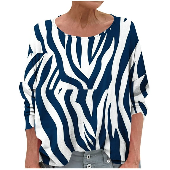 Women's T-Shirts Linen 3/4 Sleeve Crewneck Strip Printed Casual Dressy Loose Comfy Tunic Tops