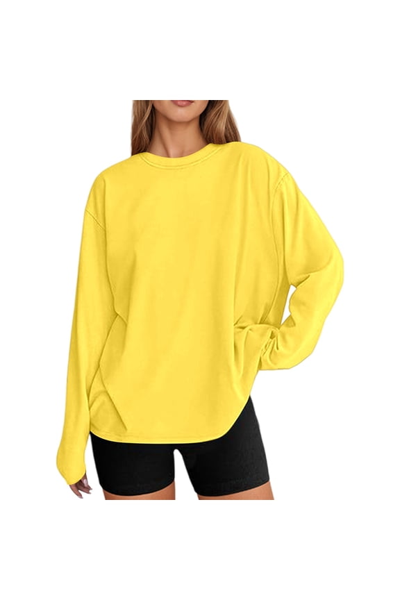 Women's T-Shirts Long Sleeve Basic Shirt Regular Solid Color Fashionable Oversized T Shirt Casual Basic Round Neck Fall Top For Everyday Wear Tee Tops Yellow S