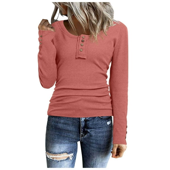 Women's T-Shirts Long Sleeve Button Down Slim Fit Neck Ribbed Knit Classic Tops for Casual Wear