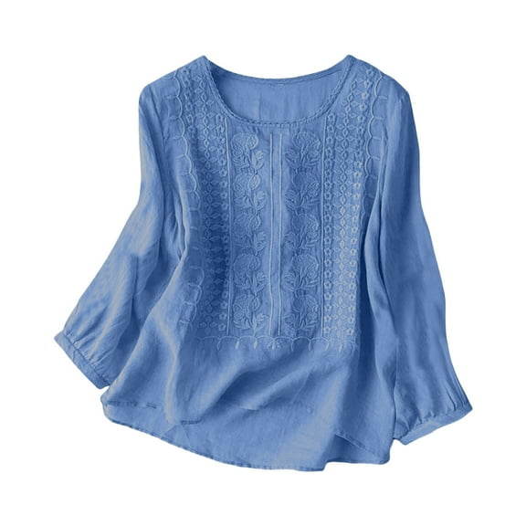 Women's T-Shirts Long Sleeve Linen Cotton Top with Embroidery Breathable Casual Blouse for Daily Wear Work Dating 1Pc T-Shirt Size M-3XL Oversized Tshirts For Women