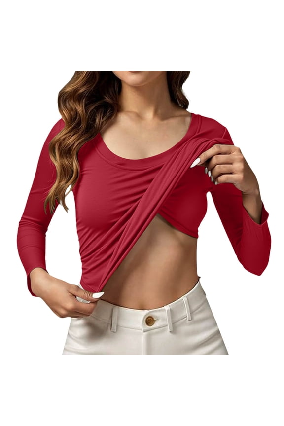 Women's T-Shirts Long Sleeve Solid Color Regular Cozy Seamless Moda T Shirt With Built In Bra For Yoga Fitness And Everyday Comfort Tee Tops Red L