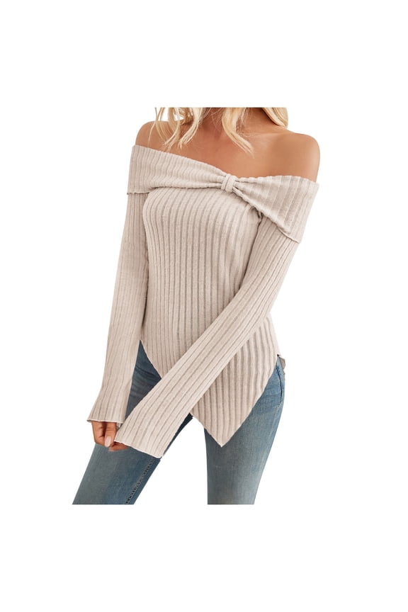 Women's T-Shirts Long Sleeve Womens Fall Tops Elegant White Off The Shoulder Sweater Sexy Design Knitted Work Blouses Dressy Casual Beige XL