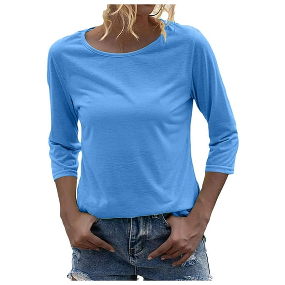 Women's T-Shirts Long Sleeve Womens Fall Tops Fashion Crewneck 3/4 Sleeve Solid Basic Blouses Casual Blue XL