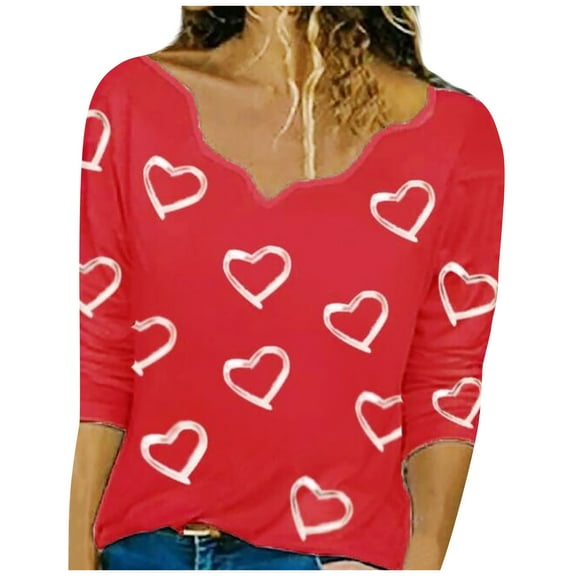 Women's T-Shirts Long Sleeve Womens Fall Tops Hearts Print Asymmetrical Neck Pullover Blouses Dressy Casual Red XL