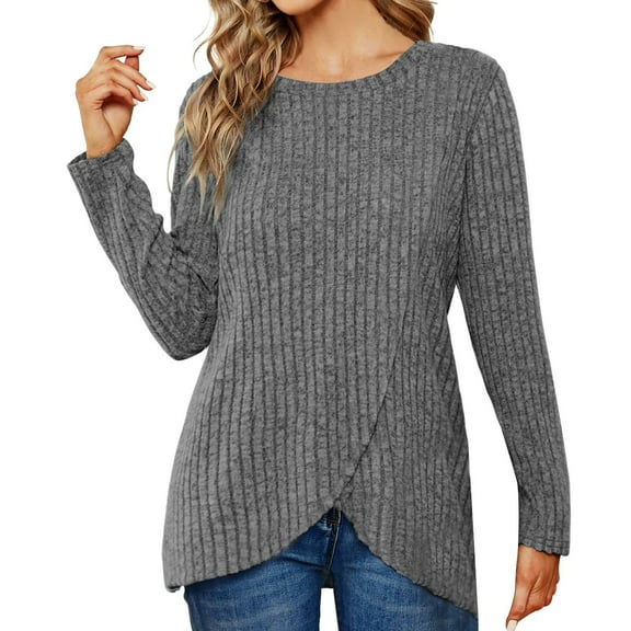 Women's T-Shirts Long Sleeve Womens Fall Tops Hem Comfort Knit Blouses Casual Grey L
