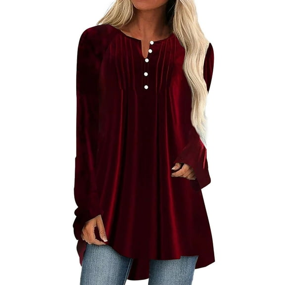 Women's T-Shirts Long Sleeve Womens Fall Tops Pleated Button Dwon Velvet Loose Elegant Christmas Party Work Blouses Dressy Casual Red M