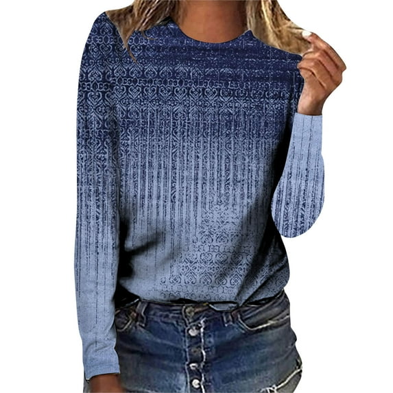 Women's T-Shirts Long Sleeve Womens Fall Tops Printed Loose Crewneck Blouses Dressy Casual XL