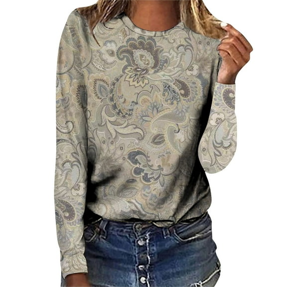 Women's T-Shirts Long Sleeve Womens Fall Tops Printed Loose Crewneck Work Blouses Dressy Casual 2XL