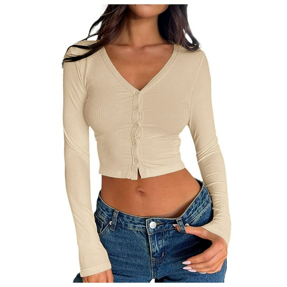 Women's T-Shirts Long Sleeve Womens Fall Tops Ribbed Button Cardigan Right Shoulder Cute Tee Shirts Beige M