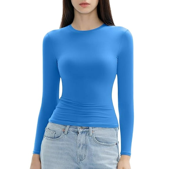 Women's T-Shirts Long Sleeve Womens Fall Tops Slim Crewneck Crop Basic Solid Tight Slim Fit Cropped Yoga Cute Tee Shirts Blue M