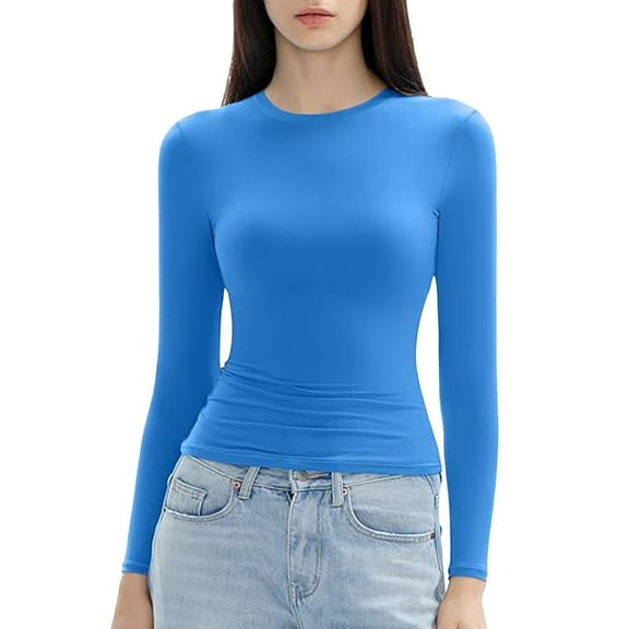 Women's T-Shirts Long Sleeve Womens Fall Tops Slim Crewneck Crop Basic Solid Tight Slim Fit Cropped Yoga Cute Tee Shirts Blue M