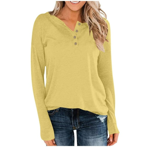 Women's T-Shirts Long Sleeve Womens Fall Tops Solid Color Button Blouses Business Casual Yellow S