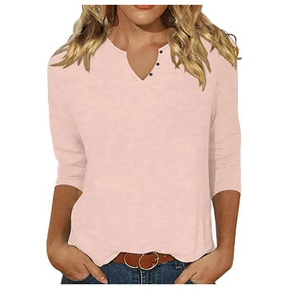 Women's T-Shirts Long Sleeve Womens Fall Tops Solid Color Fashion Button Fashion New Quarter Sleeve Short Blouses Dressy Casual Light Pink 2XL