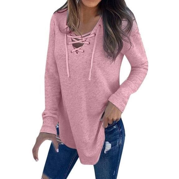 Women's T-Shirts Long Sleeve Womens Fall Tops V Neck Strap Autumn Solid Blouses Business Casual Pink XL