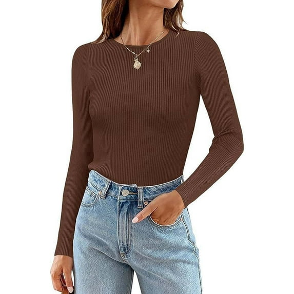 Women's T-Shirts Long Sleeve Womens Fall Tops Winter Fashion Solid Color Crewneck Ribbed Knitted Slim Sweater Blouses Casual Coffee S
