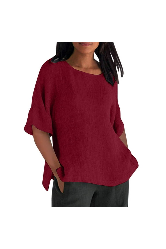 Women's T-Shirts Loose 1/2 Long Sleeve Blouse Solid Casual Short Sleeve Top for Everyday Style and Comfort
