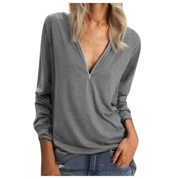 Women's T-Shirts Loose Casual Daily Plus Size Solid Long Sleeve Zipper Top for Women Fashion Apparel