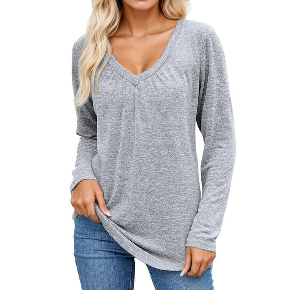 Women's T Shirts Loose Long Sleeve Top for Spring and Autumn with Pleated Design Fall Fashion,Color:Light Gray,Size:XXL