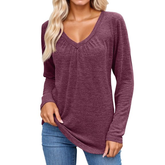 Women's T Shirts Loose Long Sleeve Top for Spring and Autumn with Pleated Design Fall Fashion,Color:,Size:L