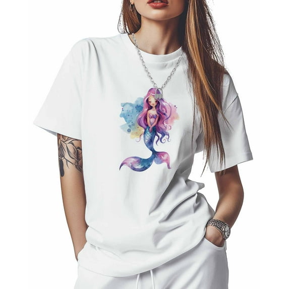 Women's T-Shirts, Mermaid Watercolor Cartoon Cotton Crewneck Tee Short Sleeve Casual Tops Loose Graphic T-Shirt White, L
