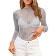 thumbnail image 1 of Women's T-Shirts Mesh Long Sleeve Layering Neck Floral Embroidery Sheer Tee Shirt Summer Tops for Women Grey One Size, 1 of 7