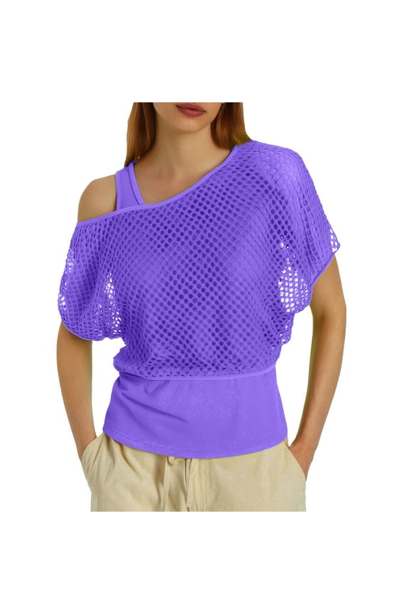 Women's T-Shirts Neon Fishnet Mesh Off Shoulder Top for Women - Stylish 80s Casual Wear