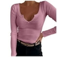 thumbnail image 1 of Women's T-Shirts New Solid Color Deep U Neck Long Long Sleeve Sexy Casual Fashion T Shirt Top, 1 of 4