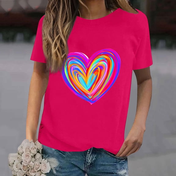 Women's T Shirts New Summer Valentines Day Simple Love Printed Round Neck Short Sleeve Casual Tops Hot Pink