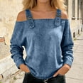 thumbnail image 1 of Women's T-Shirts Off Shoulder Denim Long Sleeve Top with Adjustable Buckle Straps S-XXXL, 1 of 3