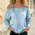 thumbnail image 1 of Women's T-Shirts Off Shoulder Denim Long Sleeve Top with Adjustable Buckle Straps S-XXXL, 1 of 3
