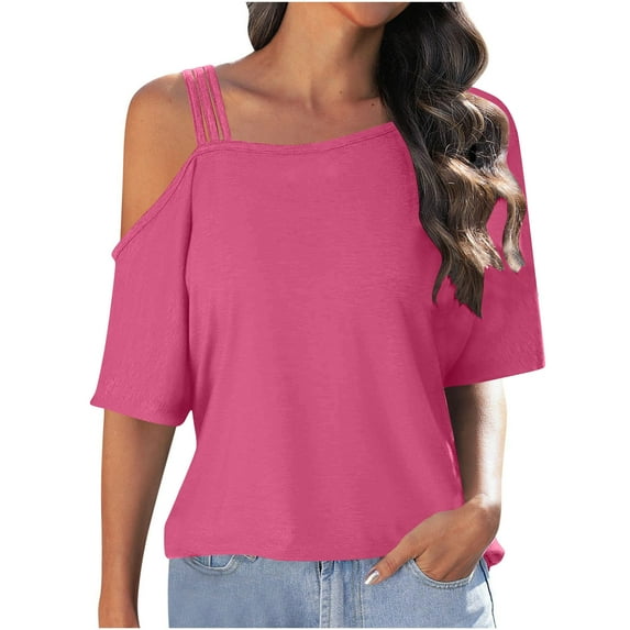 Women's T Shirts Off Shoulder Summer Solid Color Short Sleeve Casual Tees B-Hot Pink
