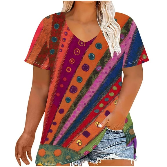 Women's T-Shirts Oversized Casual Gradient Color Blouses Top V-Neck Fashion Print Short Sleeve Shirt Summer Loose Breathable Plus Size Pullover Tops Print 03 3XL