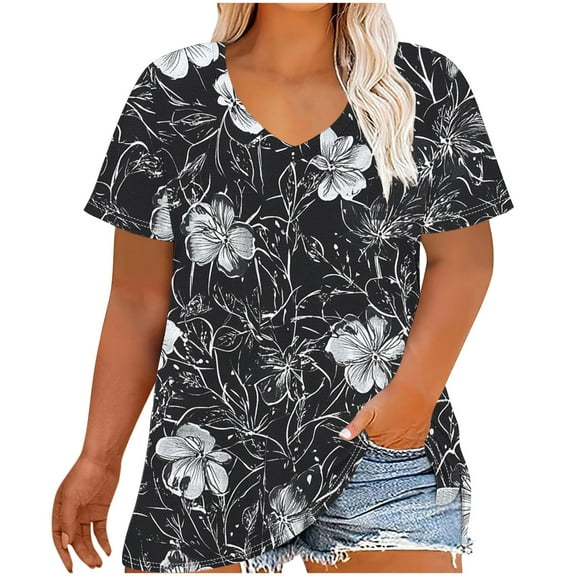 Women's T-Shirts Oversized Cute Floral Printing Short Sleeve Shirt Casual Gradient Color Blouses Top V-Neck Summer Loose Breathable Plus Size Pullover Tops Print 02 5XL
