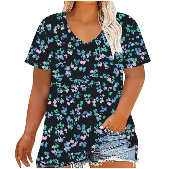 Women's T-Shirts Oversized Cute Floral Printing Short Sleeve Shirt Casual Gradient Color Blouses Top V-Neck Summer Loose Breathable Plus Size Pullover Tops Print 07 4XL