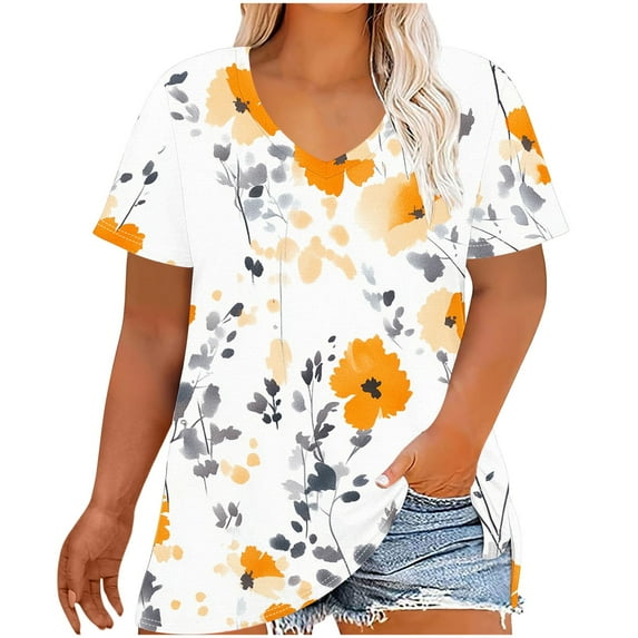 Women's T-Shirts Oversized Cute Floral Printing Short Sleeve Shirt Casual Gradient Color Blouses Top V-Neck Summer Loose Breathable Plus Size Pullover Tops Print 0 65XL