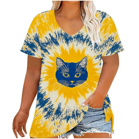 Women's T-Shirts Oversized Fashion Retro Printing Short Sleeve Shirt Casual Gradient Color Blouses Top V-Neck Summer Loose Breathable Plus Size Pullover Tops Print 08 XL