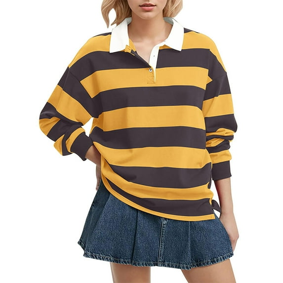 Women's T-Shirts Oversized Striped Sweatshirt Long Sleeve Rugby Collared Pullover Top Loose Fit Shirt Polyester Spandex Blend 1PC Top Size S-L Oversized Tshirts For Women