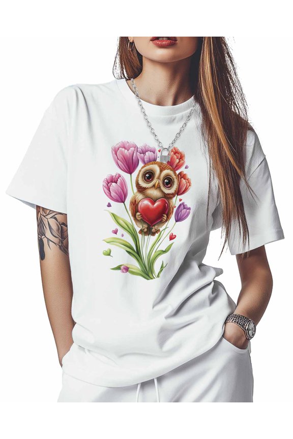Women's T-Shirts, Owl Love Heart Balloon Flowers Cotton Crewneck Tee Short Sleeve Casual Tops Loose Graphic T-Shirt White, M